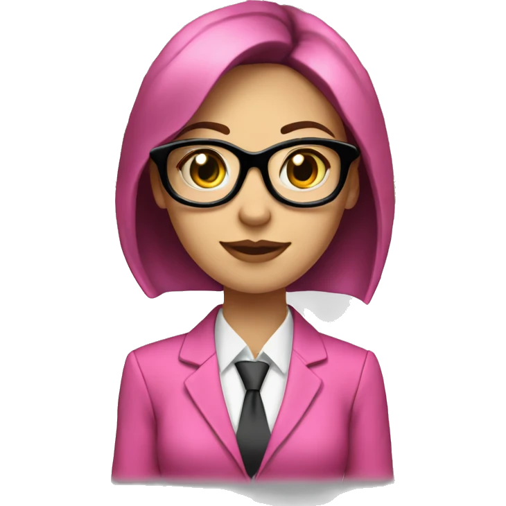 white skin female with glasses, pink suit, dark hair, with the laptop with currency signs around her, full face, frontal emoji