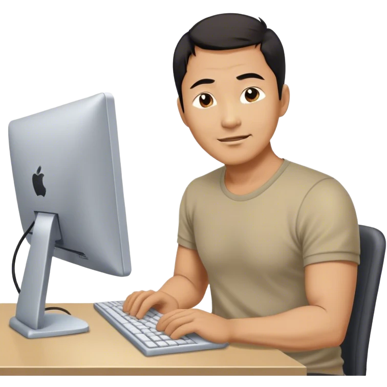 Asian male, 45, hacking away at a computer, a bit tired, a bit exhausted, but happy emoji