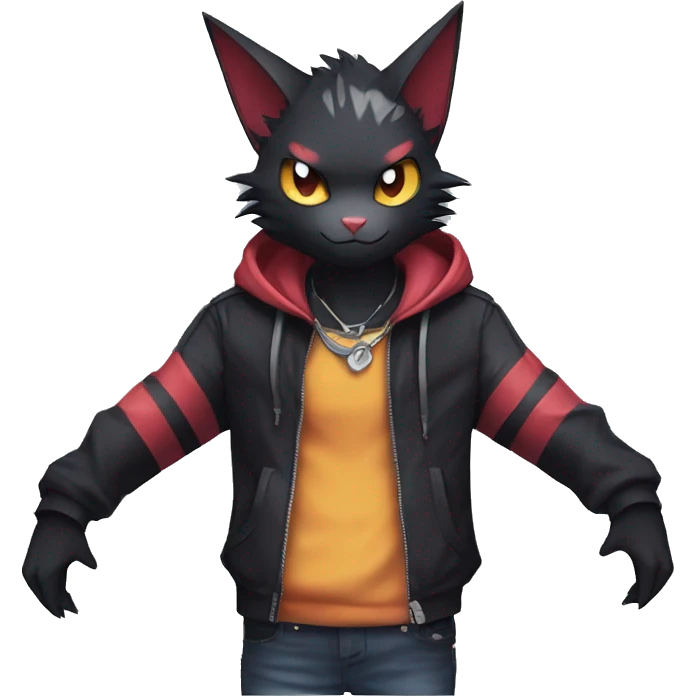 Cool Anthro Black Noibat-Quilava-Litten-Pokémon with edgy stripes hoodie spiked collar punk Full Body emoji
