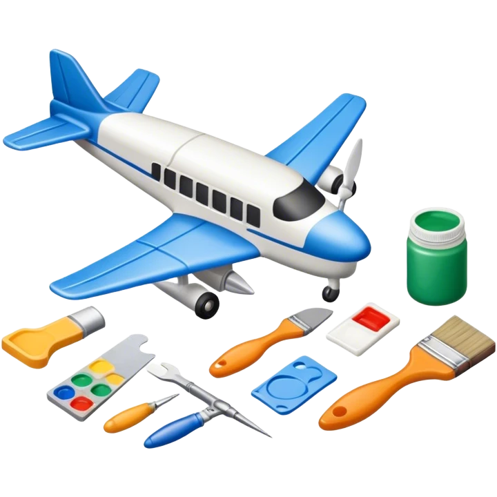 photorealistic icon featuring model-building tools like glue, paint, paintbrushes, pieces of a plastic model airplane in the process of being assembled. The design includes detailed textures of the model pieces and tools, capturing the focus and creativity of model building. Transparent background. emoji