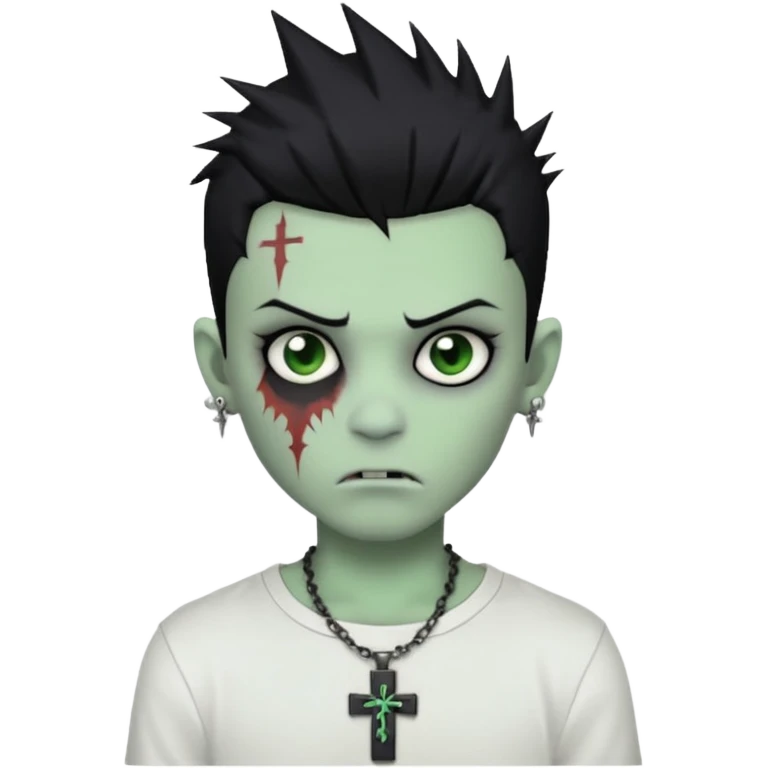zombie boy with spiky emo black hair and white shirt , tattos, a risk on the eyebrow, earings,  a necklace with a cross, green skin emoji  emoji
