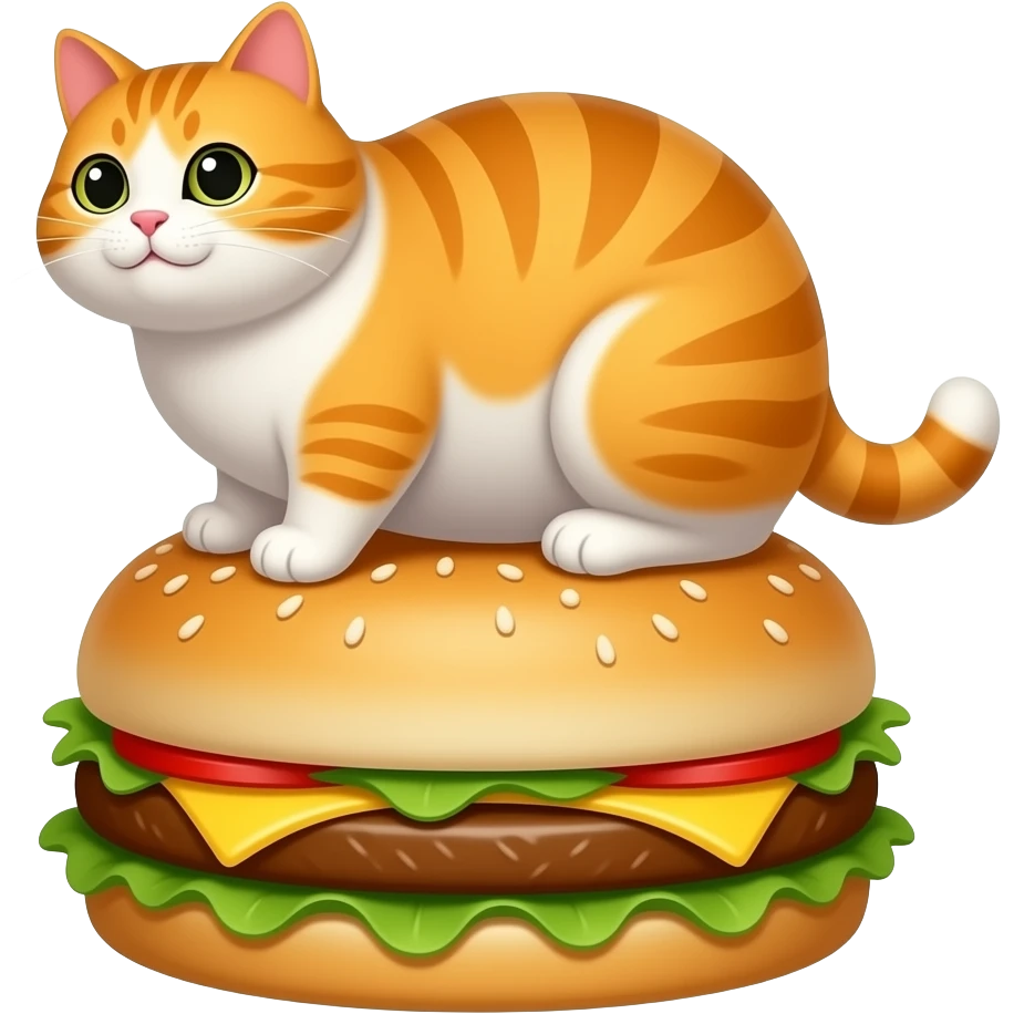 Orange and white fat cat with big butt sitting on a cheeseburger emoji