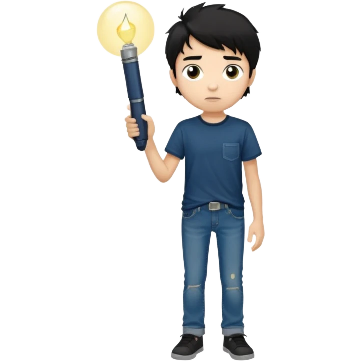  > 15-year-old boy, 165 cm tall, slim build, light tan skin, messy black hair, dark brown eyes with dark circles, wearing a dark t-shirt and faded jeans, holding a small flashlight, expression of curiosity mixed with fear, dim and foggy background, realistic style. emoji
