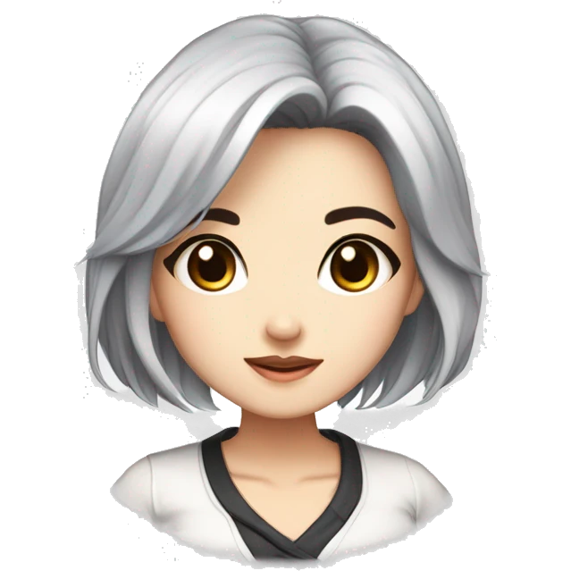 masterpiece, anime style, chibi, illustrated logo, medium short shot, emote for twitch of a 45 year old woman, oval face, black hair, brown eyes, white skin, white shirt, long hair
 emoji
