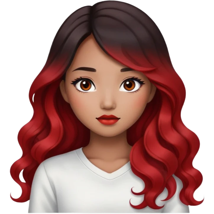 black ombre to red long wavy hair, dark brown eyes, asian pretty bratz baddie emoji