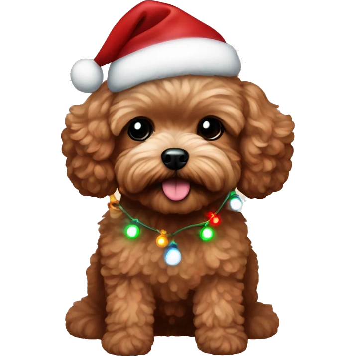 Dark Red maltipoo with Christmas lights decorated around its neck emoji