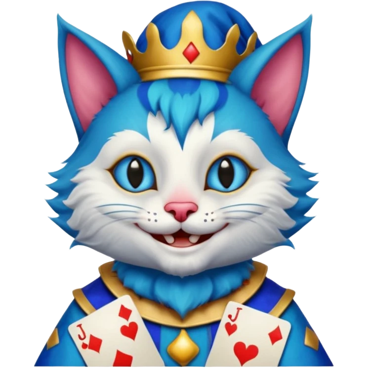 crazy colorful cute little cat jolly joker from poker, medieval, vintage, court jester, mac os squared icon, blue color emoji