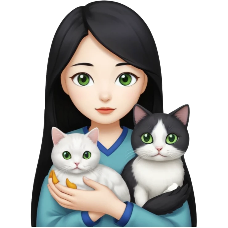 A pretty Korean woman with long black hair, white skin, holding a gray-lined green-eyed cat and a white blue-eyed blind chicken cat
 emoji