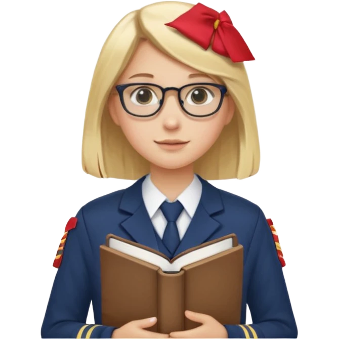 Girl student wearing uniform, glasses, hold book in front of their chest, blonde long straight hair, white skin emoji