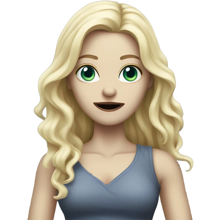 Woman, white skin, pale skin, long hair, blonde hair, wavy hair, standing like a zombie emoji
