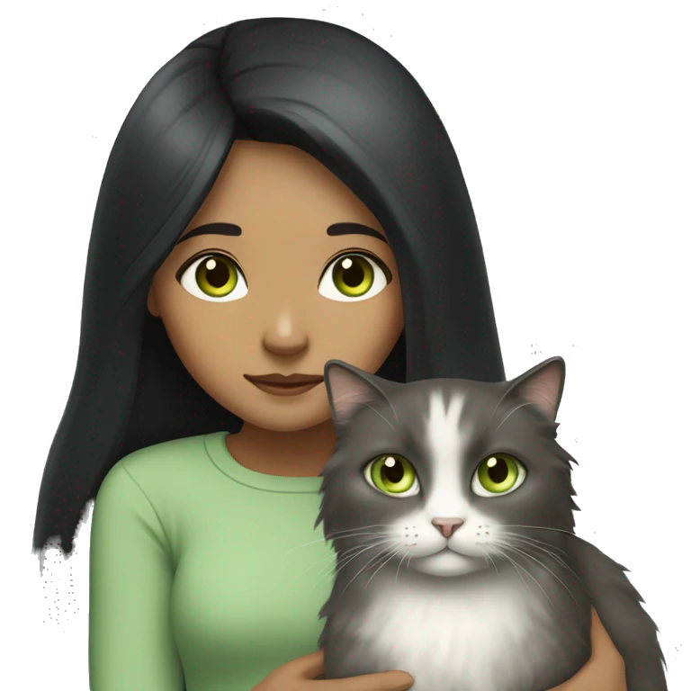 girl with long black hair and light brown eyes holding fluffy grey cat with light green eyes emoji