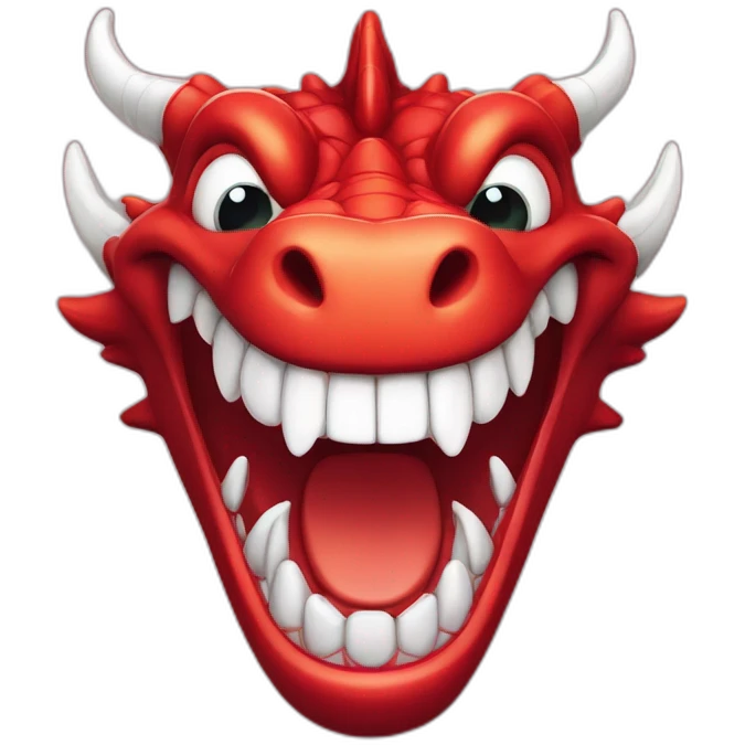 Crazy Happy funny red dragon head with human white teeth and beautiful smile emoji