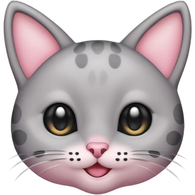 Cute emoji of a small gray cat with black spots, big shiny kawaii eyes, tiny pink nose, and a sweet smiling expression. Minimalist design, clean vector style, high resolution, soft pastel colors, with a transparent background. emoji