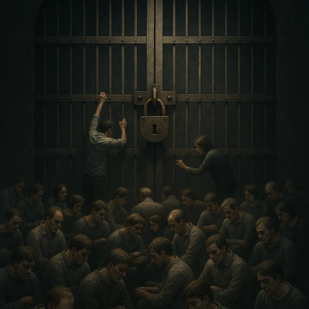 A crowd in front of a huge locked iron gate symbolizing limitation or illness. Most people are sitting, bored or indifferent, while two try to open or understand the gate. Dramatic lighting on the two, others in muted tones. Conceptual, symbolic, cinematic, hyperrealistic 4K. emoji