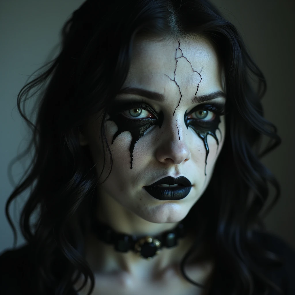 realistic horror portrait of a beautiful scary woman with pale skin, black tears, cracked porcelain effect, gothic jewelry, dramatic lighting emoji