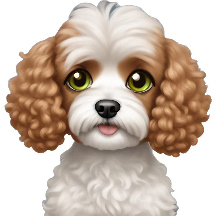 red haired girl with green eyes with her two black land white Maltipoo dog emoji