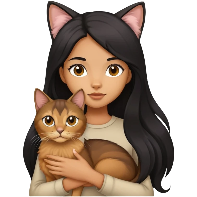 The girl with long black hair holding a Abyssinian cat emoji