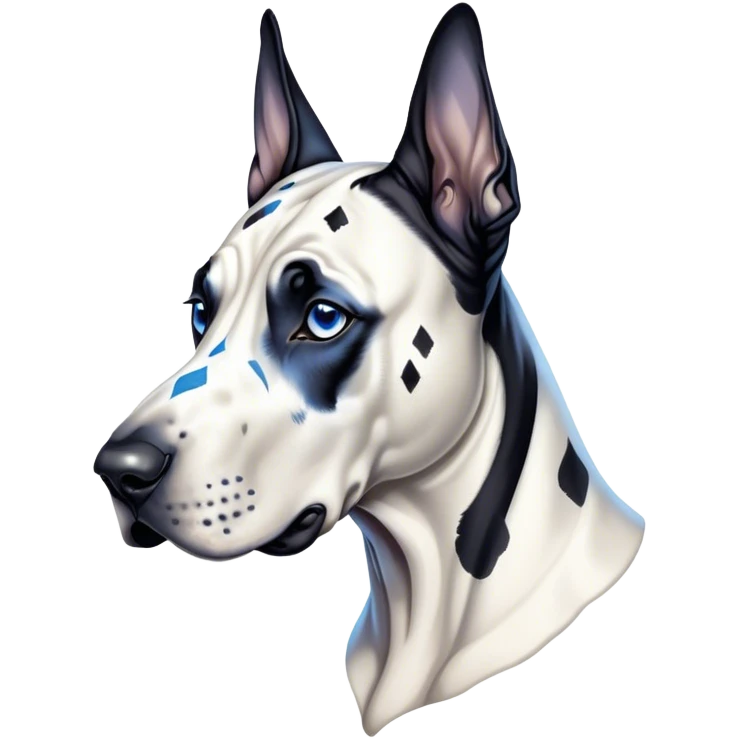 Cinematic Noble Harlequin Great Dane Portrait Emoji, Poised and regal, with a towering, muscular build and a striking coat of predominantly white with bold black patches, deep-set soulful blue eyes, Simplified yet sharp and sophisticated features, highly detailed, glowing with a soft, dignified glow, high shine, intelligent and loyal, stylized with an air of majesty, focused and attentive, soft glowing outline, capturing the essence of a watchful and confident guardian, so majestic it feels as though it could stride out of the screen with effortless authority! emoji