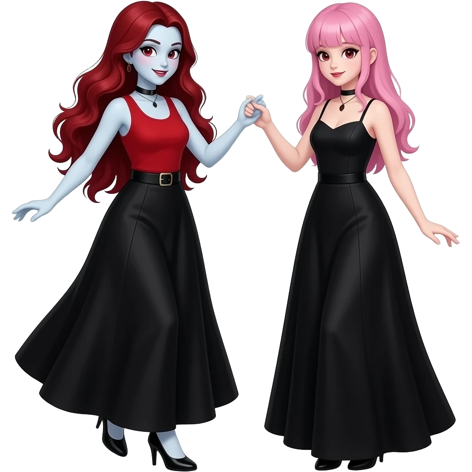 Vampiro femmina ADOLESCENTE con pelle bianca e capelli rossi lunghi ondulati che indossa una gonna lunga nera e un top-canottiera rosso che balla con la sua amica VAMPIRO ADOLESCENTE con la pelle bianca i capelli rosa con la frangia e un vestito lungo nero emoji