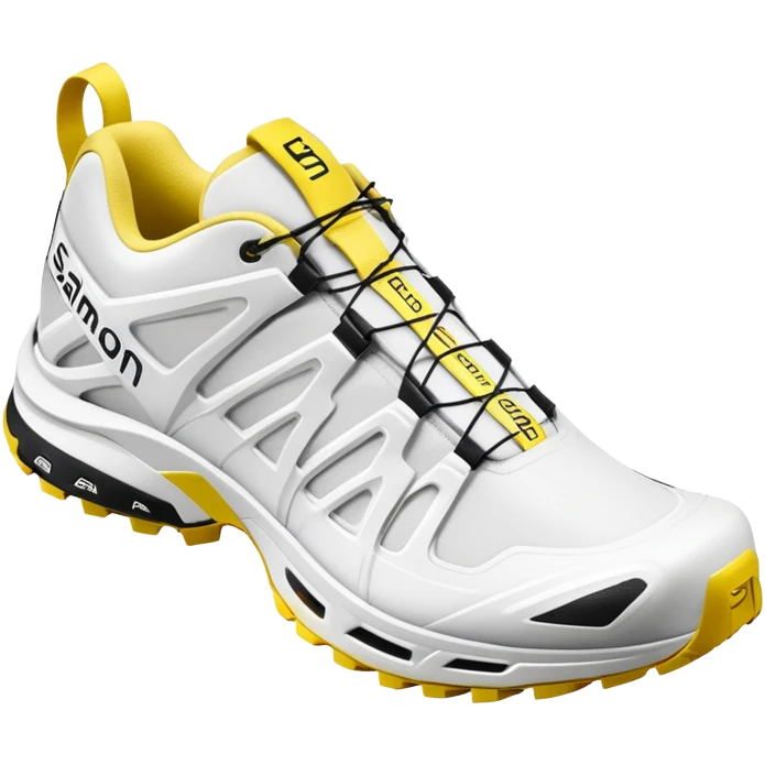 Clean white Salomon XT-6 with only a yellow colored stripe running through the center, one shoe positioned behind the other, entirely white except for the colored middle line emoji