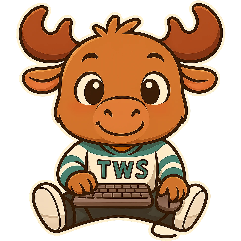 Edit the older chibi moose to use a keyboard and mouse instead of a game controller. Keep the shoes, 'TWS' hockey jersey, mature face, confident expression, and maintain the cute chibi style. Remove the background. emoji