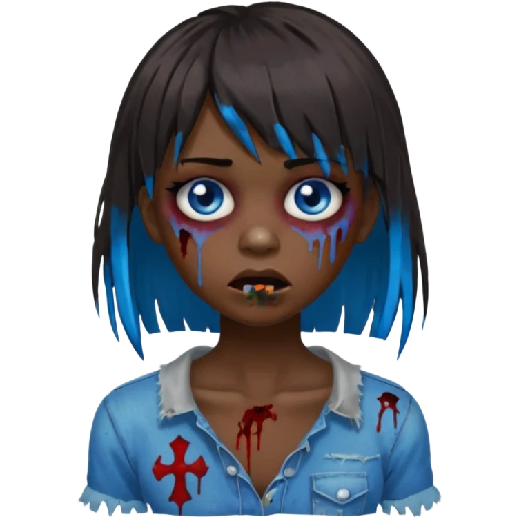 zombie emoji 🧟‍♀️ dark hair long her shoulders bangs emo and ragged haircut blue eyes emoji