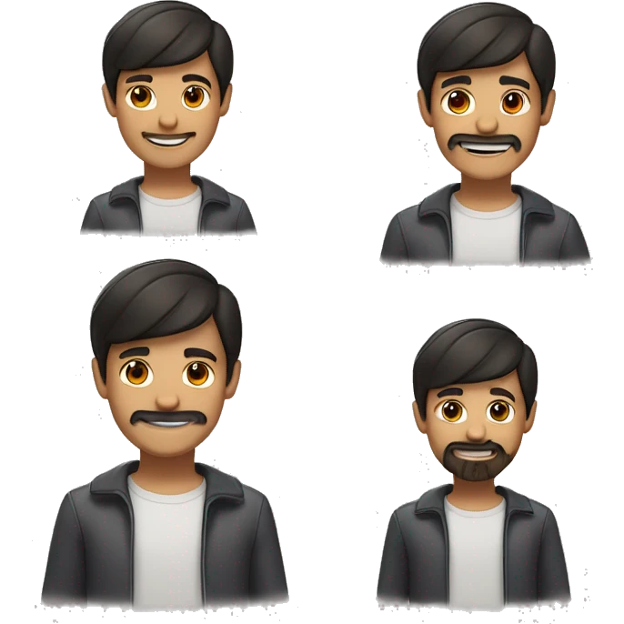 Boy with trimmed moustache and beard on his face, cap, white skin tone, black hair tone with front raise and side trimmed, short, straight hair, brown eyes, nice smile emoji