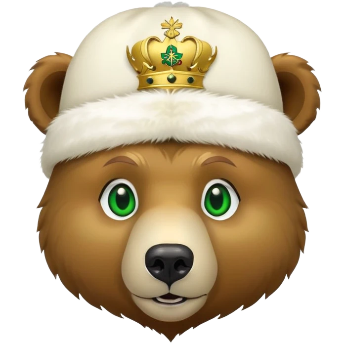 Cute grizzly bear face with green eyes, wearing a white fur hat with golden Russian coat of arms in the middle emoji