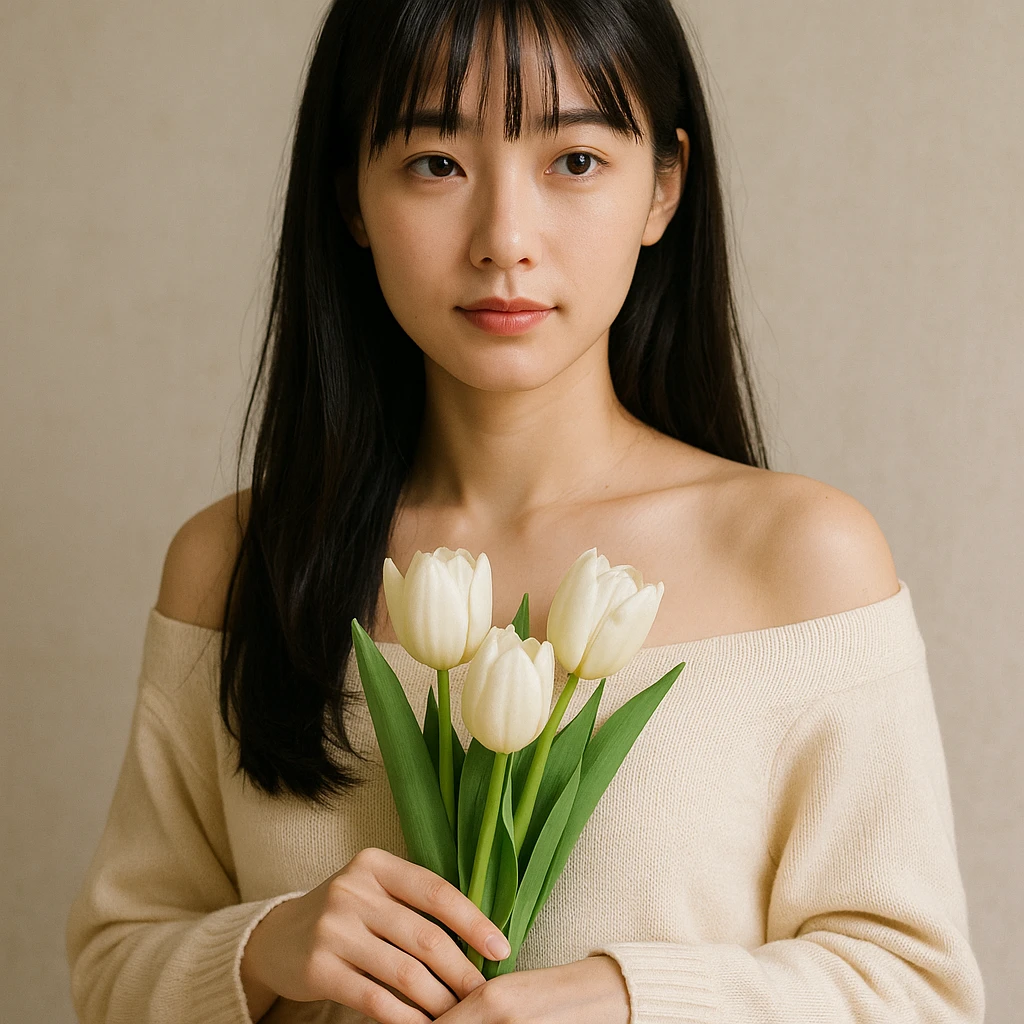 a girl with long black hair, thin bangs, and black eyes, in a cream off-shoulder sweater, holding a bouquet of white tulips, standing in a relaxed pose emoji