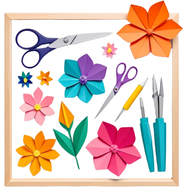 Paper crafting icon, various paper crafts like origami, 3D paper flowers, and scrapbooking materials, visible tools such as scissors, glue stick, and colour paper sheets, colorful paper patterns, minimalistic style, clean lines, transparent background. emoji