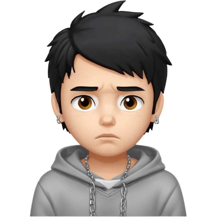 generate a pretty bratz fair skinned boy with messy black hair in a grey hoodie looking sad and bored with hand on chin emoji