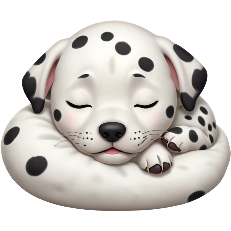 Cinematic Meme-Worthy cute Sleeping Dalmatian Portrait Emoji, Head resting peacefully with a contented smile, showcasing a delightfully cute build and a luxuriously soft white coat with bold black spots, eyes shut in a serene nap, Simplified yet hilariously adorable features, highly detailed, glowing with a soft, drowsy light, high shine, relaxed and utterly lovable, stylized with an air of playful laziness, bright and heartwarming, soft glowing outline, capturing the essence of a comically sleepy Dalmatian, so meme-worthy it feels like it could instantly become the next viral sensation of adorable slumber! emoji