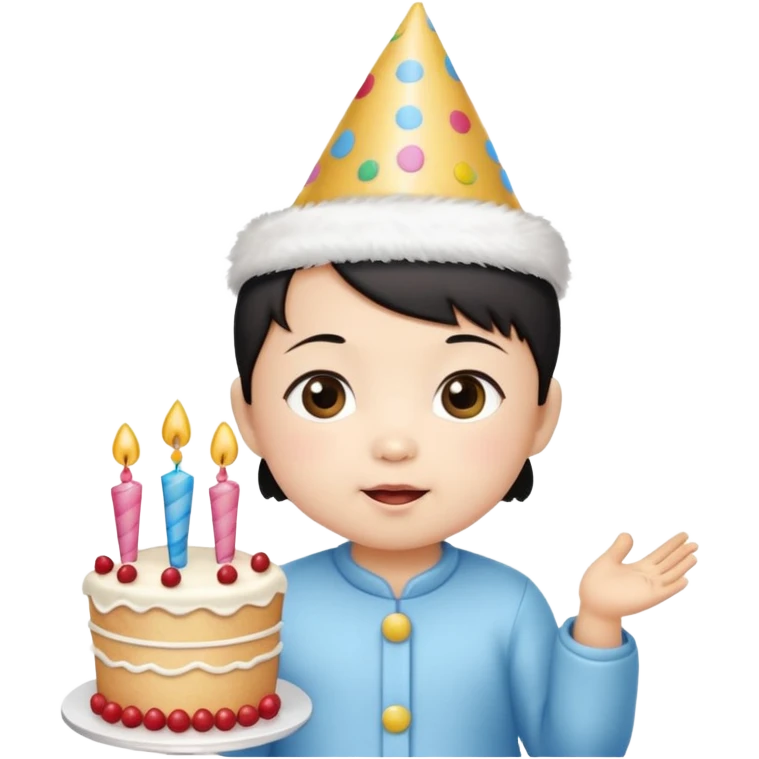 with chines cute baby wearing birthday hat with birthday cake emoji