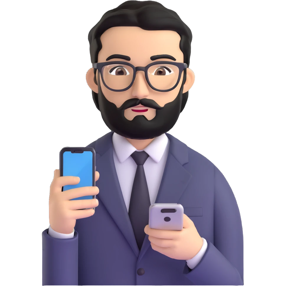 businessman with medium black beard, black hair styled to one side, connected unibrow, olive skin, brown eyes, glasses, prominent nose, in formal black jacket, focused on using smartphone touchscreen, with subtle modern office environment in background emoji