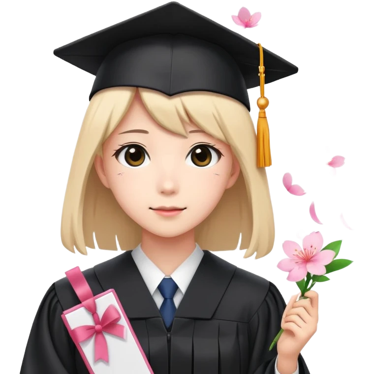 Japanese high school girl in graduation ceremony with diploma and sakura petals emoji
