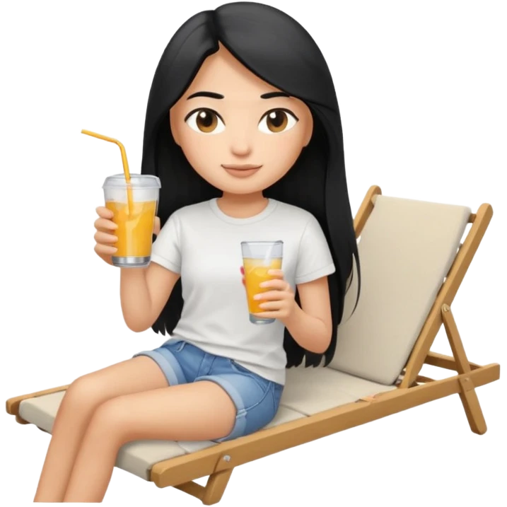 Memoji girl with long black hair with a relaxed expression, a slight smile, in summer clothes (T-shirt, shorts). You can add accessories, such as a drink in her hand or a lounger. emoji