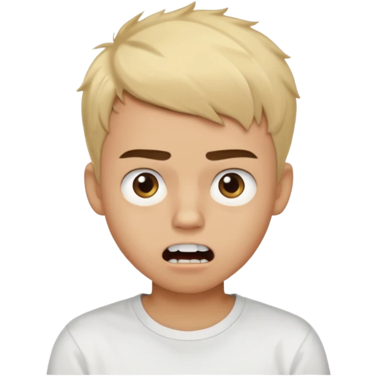 Male Teenager with Short buzz, messy blonde hair, Dark brown bushy eyebrows large expressive golden-brown eyes, wearing a plain white t-shirt, Dark Brown skin color, Confused mouth gape showing teeth emoji