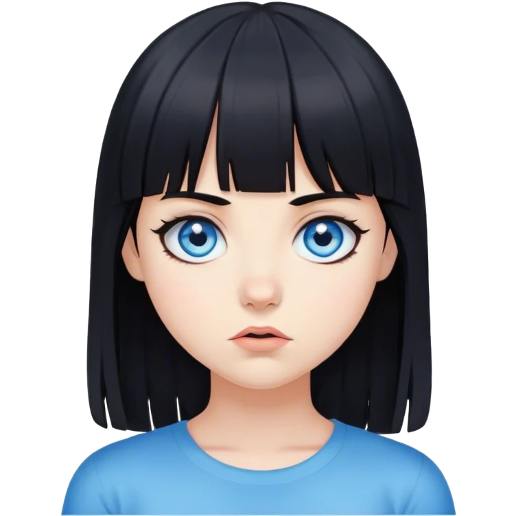 Girl with blue eyes and black hair with bangs shrugging emoji