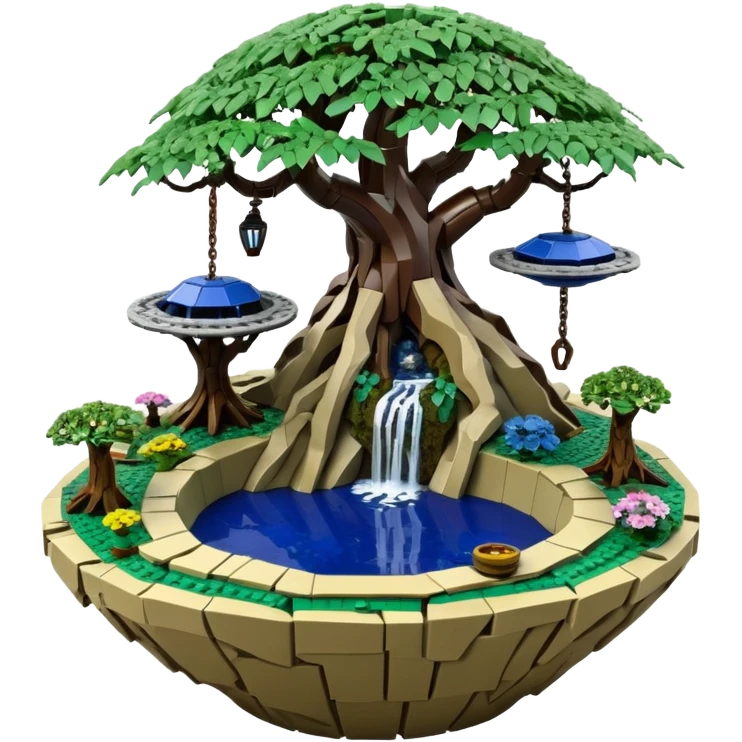 Alien Lego saucer hanging jungle-vines mountain-island landscape antique mudman very old broken cracked intricate Stone Age rocky-crusted irregular dodecagon-shaped shallow dark moss rough bark blue willow flowered maple tree bonsai pot emoji