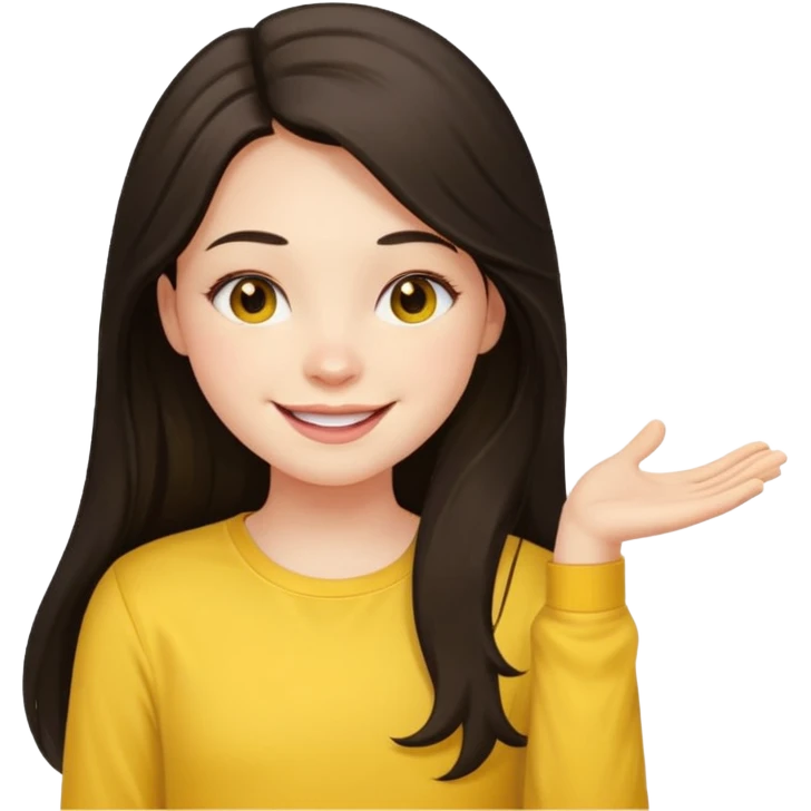 girl on her laptop, long dark hair white skin and yellow shirt long sleeves, smiling emoji