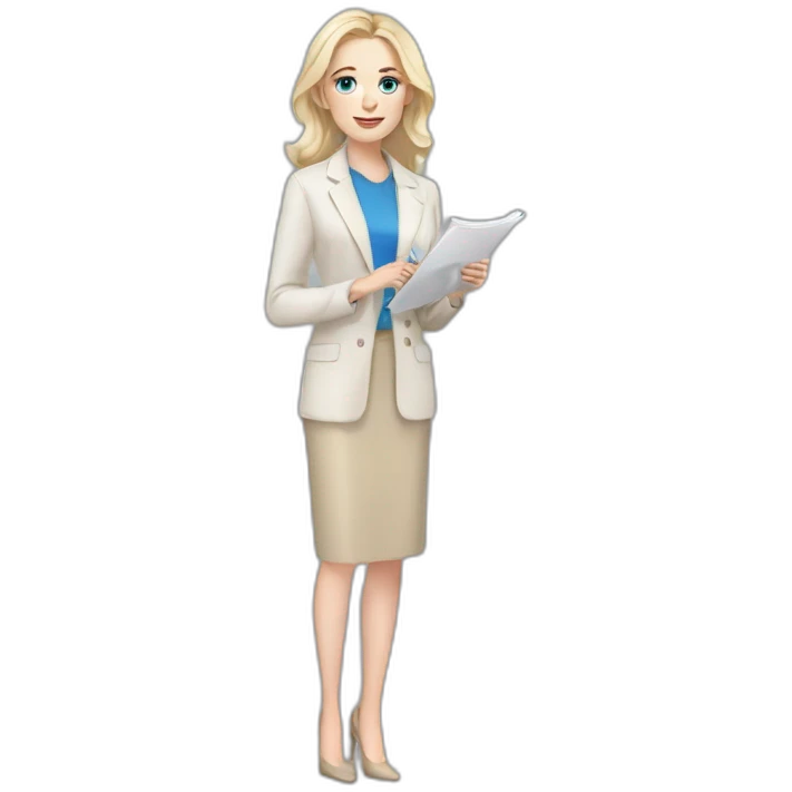 pale skin woman interior designer with cold blonde middle length hair, blue eyes, beige blouse, White oversize jacket, Gray skirt holding a color palette in the hands emoji