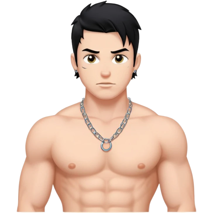 young white man with black hair, muscular, shirtless with prominent nipple piercings, nipple rings emoji