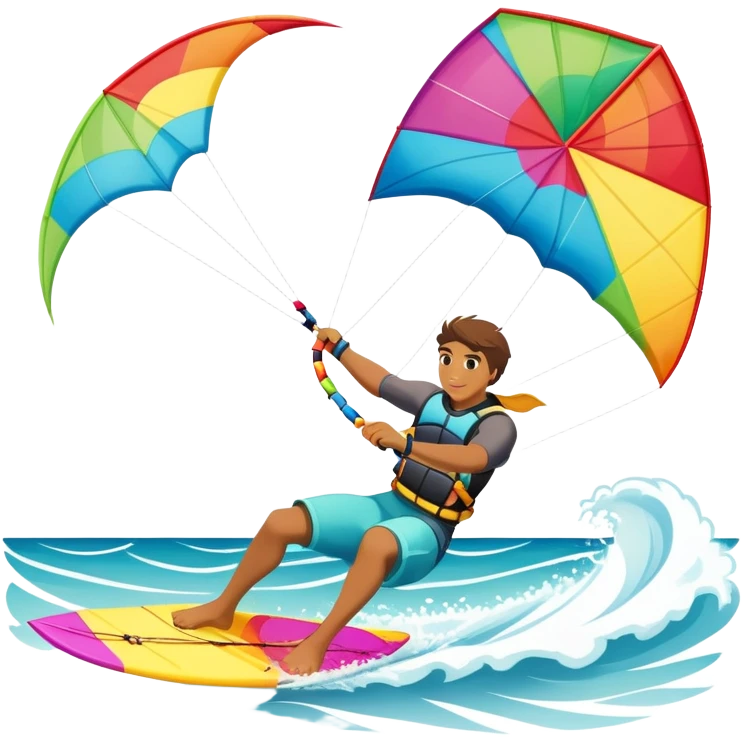 A kite surfer gliding across the water with a colorful kite soaring in the wind. The scene captures the excitement and fluid movement of the sport, with waves splashing around and a clear sky, emphasizing freedom and adventure. emoji