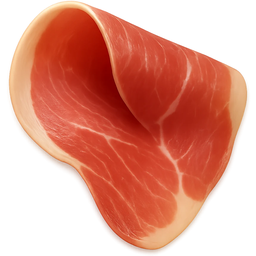 Show only one thin, delicately folded slice of dry-cured ham (jambon cru) with deep pink to reddish hue and visible streaks of white fat. Texture should be silky, slightly translucent, and marbled, with a natural fold or curl. Fat should look creamy and well integrated. Clean 3D style, soft lighting, transparent background, emoji scale. emoji