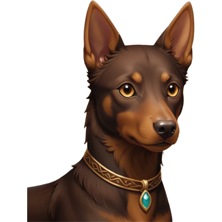 Cinematic Noble Brown and Tan Kelpie Portrait Emoji, Poised and regal, with a strong, agile build and a rich, well-groomed Fur of warm brown and tan, piercing warm eyes, Simplified yet sharp and sophisticated features, highly detailed, glowing with a soft, dignified glow, high shine, intelligent and energetic, stylized with an air of determination, focused and attentive, soft glowing outline, capturing the essence of a watchful and confident herder, so majestic it feels as though it could bound out of the screen with effortless authority! emoji