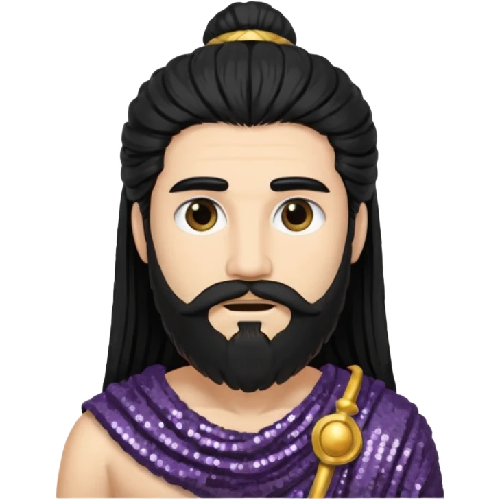 Saturn Time God with long black hair and beard, dark grey sequin toga emoji