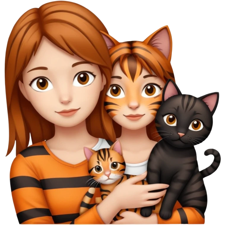 tan brown-haired girl holding two cats, one black cat and one orange tiger-striped cat emoji