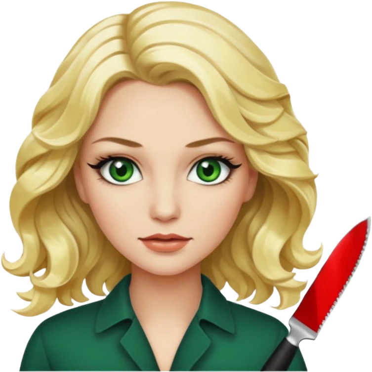 Emoji femme blonde cheveux blond ondulé, yeux vert avec de long cils noir qui porte un couteau emoji