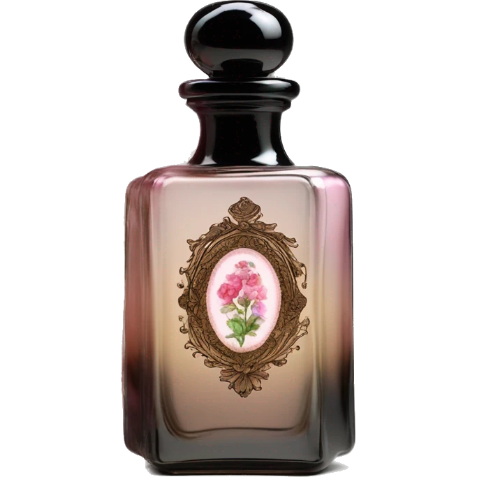 English vintage glass perfume bottle from my aristocratic grandmother, exquisite bottle shape, old and shabby, with label, stylish and minimalistic, black and brown with pink gradient, with little herbal and flowers  emoji