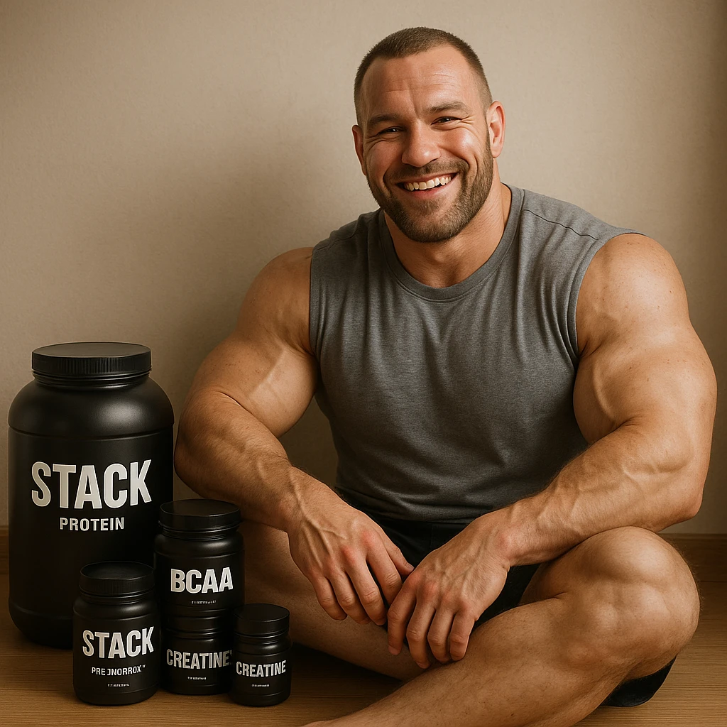 hyper realistic happy bodybuilder sitting next to a collection of 'stack' supplements, relaxed pose, positive atmosphere, realistic details, soft lighting emoji